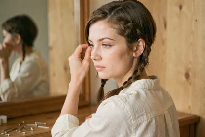 Jeune femme avec une courte tresse hollandaise sur cheveux courts bruns devant un miroir en bois