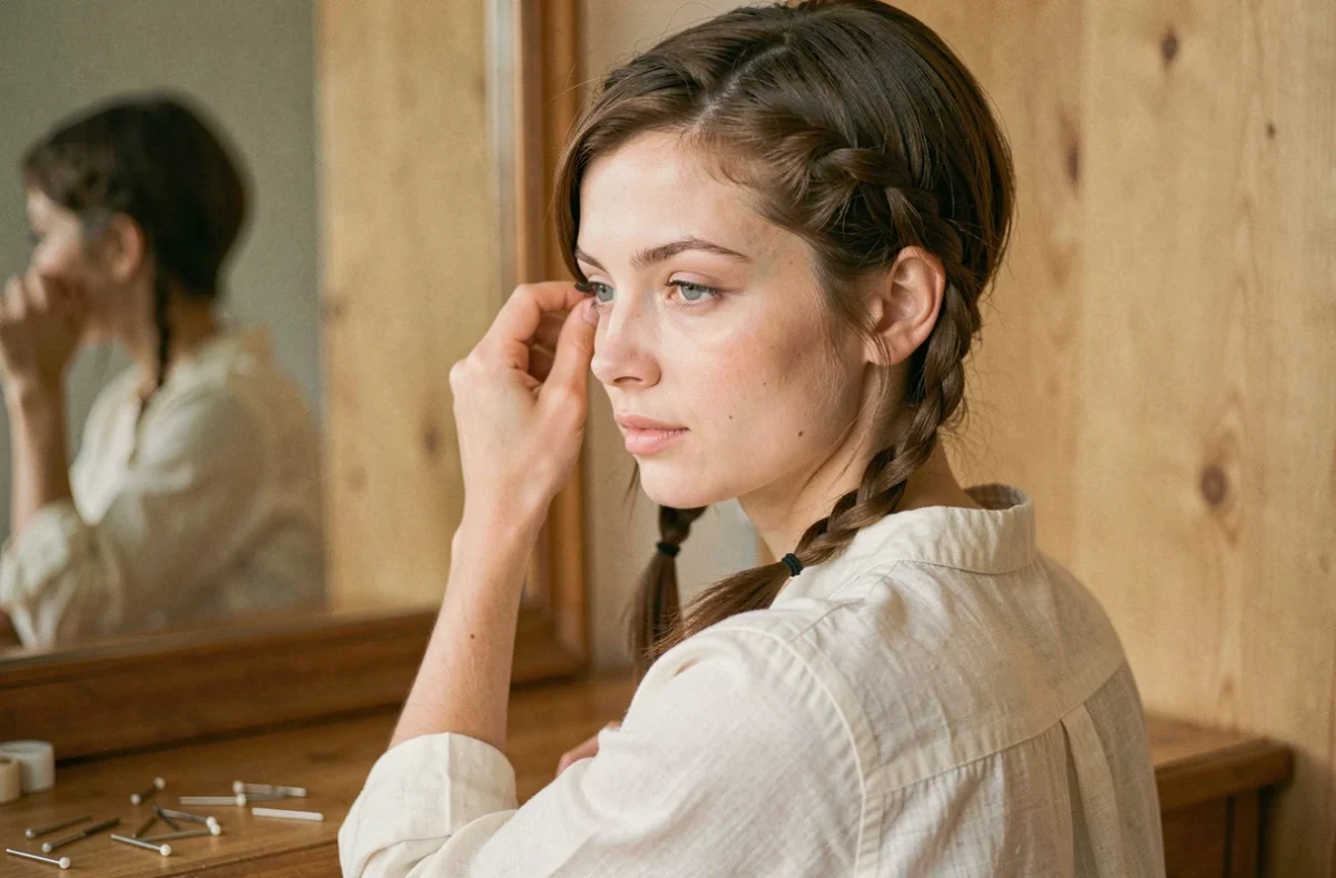 Jeune femme avec une courte tresse hollandaise sur cheveux courts bruns devant un miroir en bois
