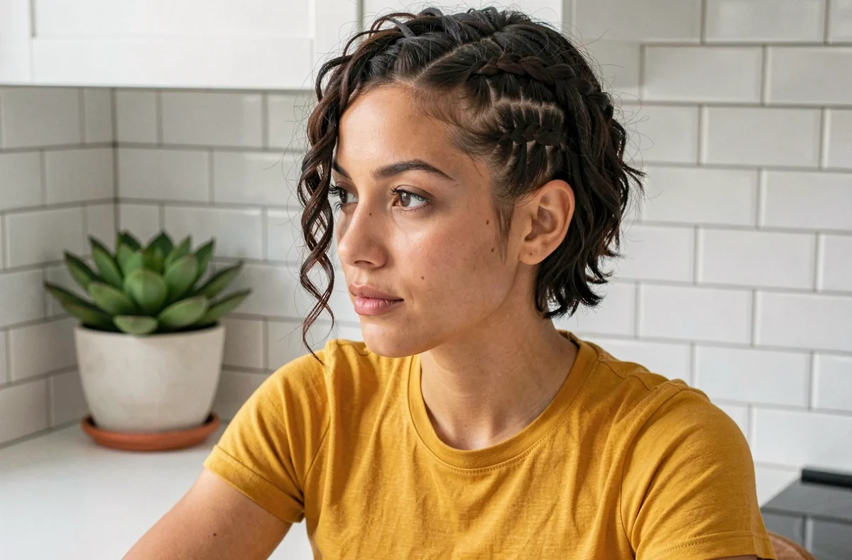 Femme aux cheveux courts bouclés avec une tresse cornrow latérale dans une cuisine moderne aux carreaux blancs