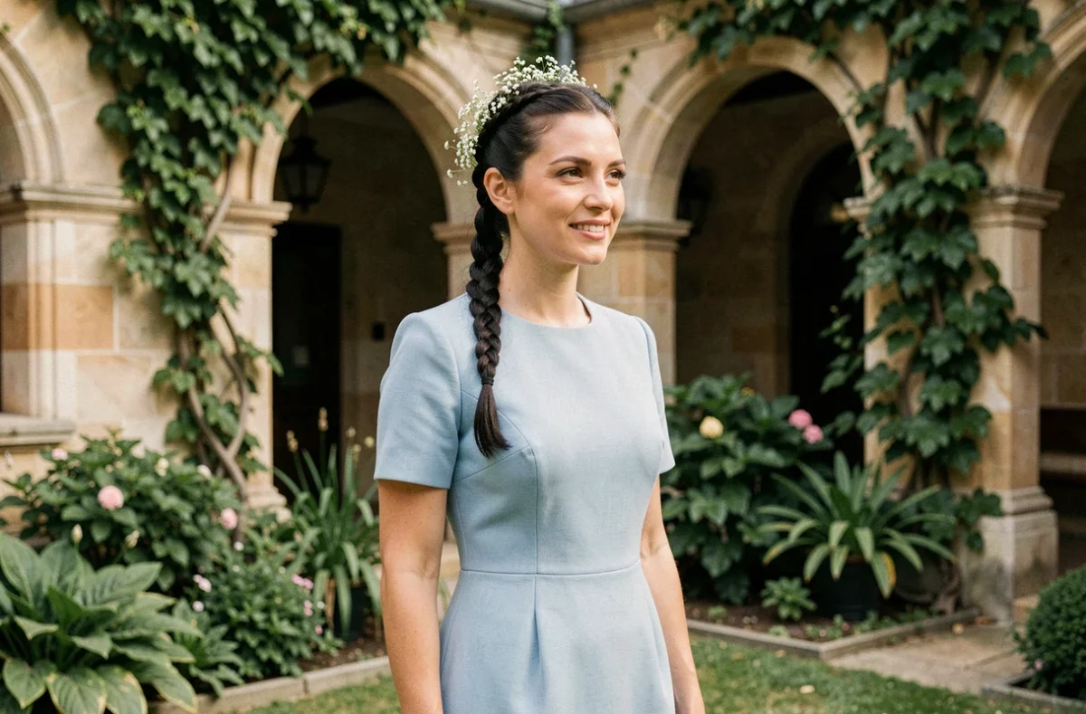 Mariée aux cheveux courts tressés en couronne avec fleurs blanches devant une mairie en pierre lors d'un mariage civil