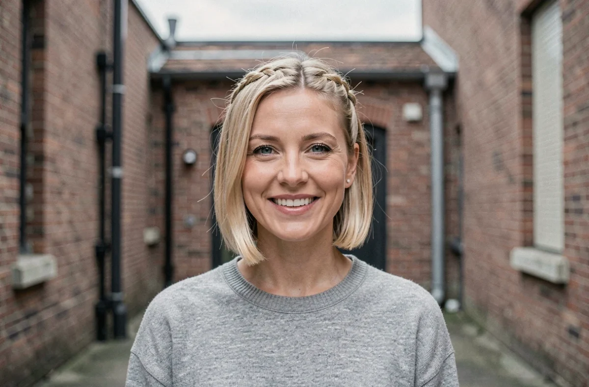Femme aux cheveux courts blonds avec deux tresses françaises en couronne dans une cour urbaine en briques