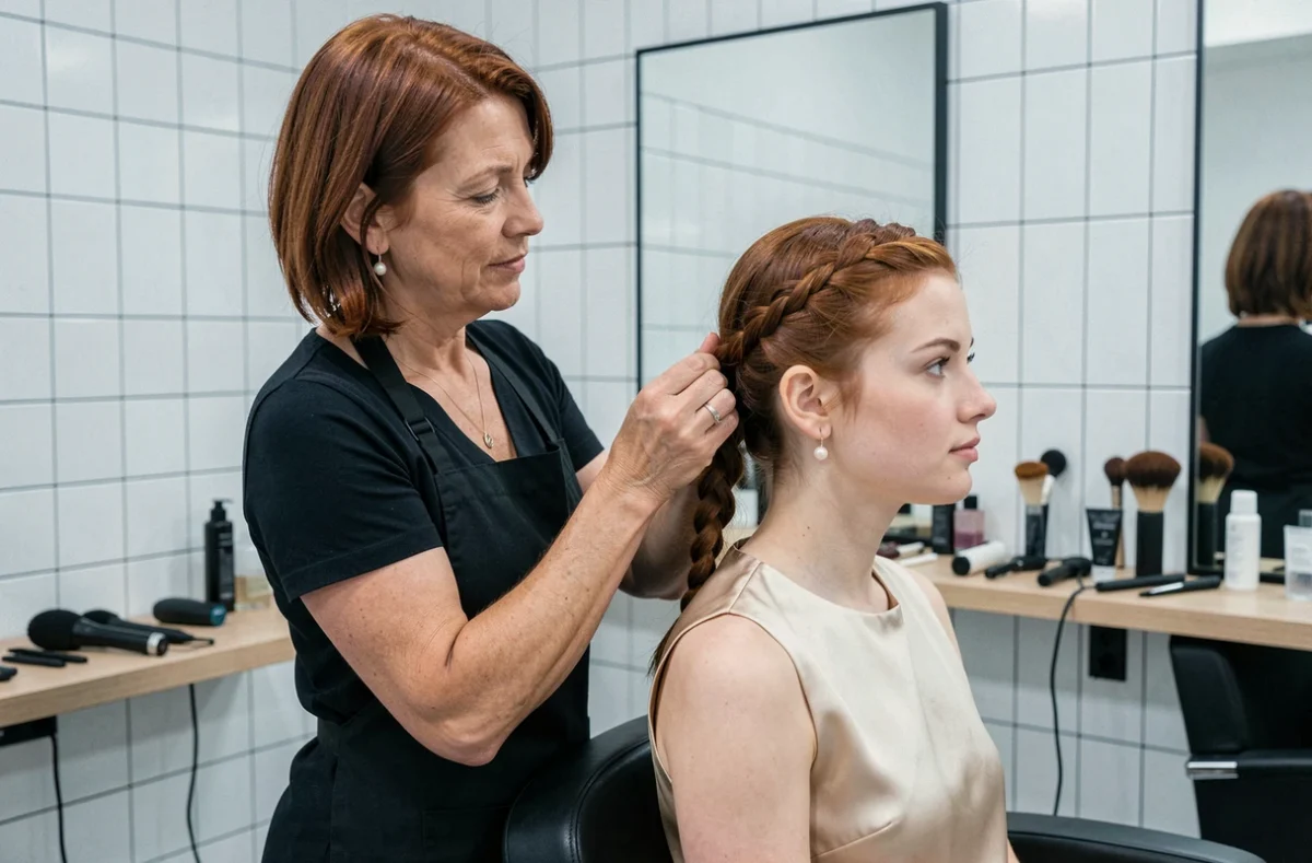 Coiffeuse réalisant une tresse latérale sur cheveux courts d'une mariée pour un mariage civil dans un salon moderne