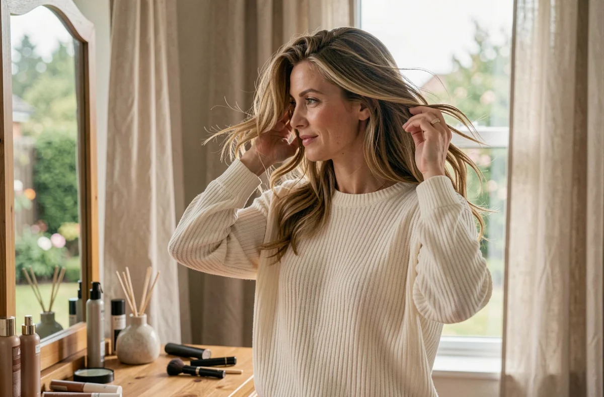 Femme aux cheveux fins coiffés avec volume à la maison devant un miroir de vanité